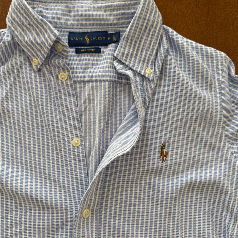 Ralph Lauren Womens Blue White Striped Knit Oxford Button Down Shirt Medium - Picture 5 of 8
